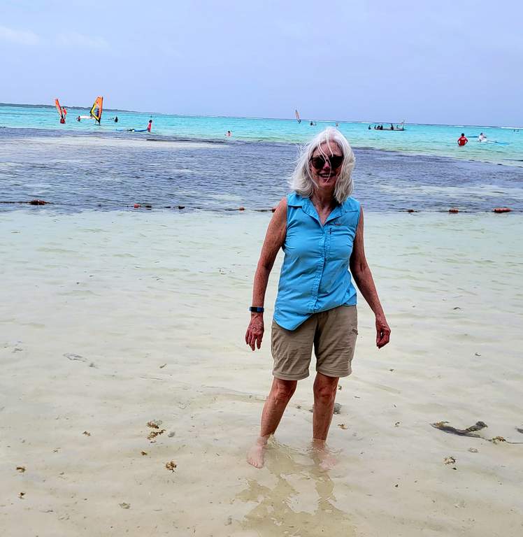 Marguerite wading out from Hang Out Beach Bar